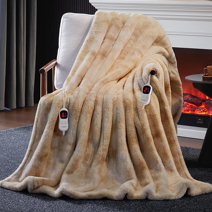 Guohaoi Heated Blanket Electric Throw, Soft Faux Rabbit Fur Electric Blanket with 10 Heating Levels 5 Sitting Timer Auto Off, Dual-Controller Heating Blankets, Machine Washable(90"×100" Beige)