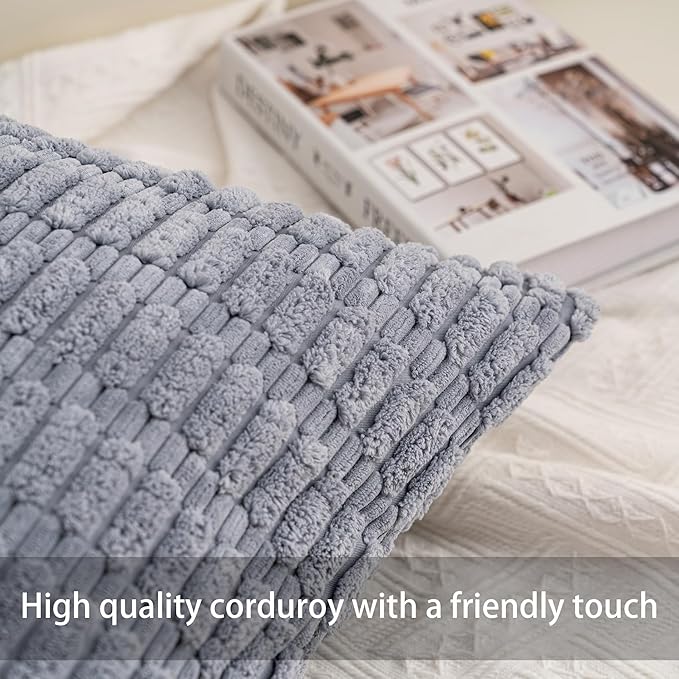Aegero Pack of 2 Corduroy Decorative Throw Pillow Covers 24x24 InchSoft Striped Pillow Covers Modern Farmhouse Home Decor for Sofa Living Room Couch Bed（Light Grey）