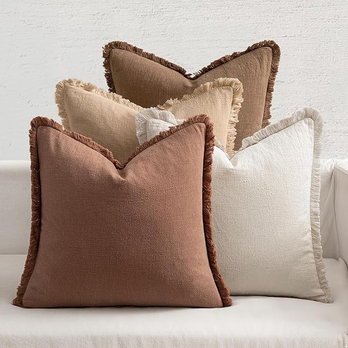 MIULEE Decorative Couch Pillow Covers Neutral Linen Fringe Throw Pillows Set of 4 Accent Rustic Cushions Boho Farmhouse Pillowcases for Bed Sofa Living Room Spring Home Decor 22x22 Inch Beige/Brown