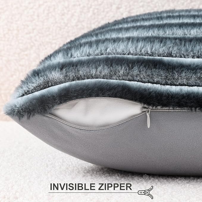 Pallene Faux Fur Plush Throw Pillow Covers 22x22 Set of 2, Luxury Soft Fluffy Striped Decorative Pillow Covers for Sofa, Couch, Living Room, Ombre Blue