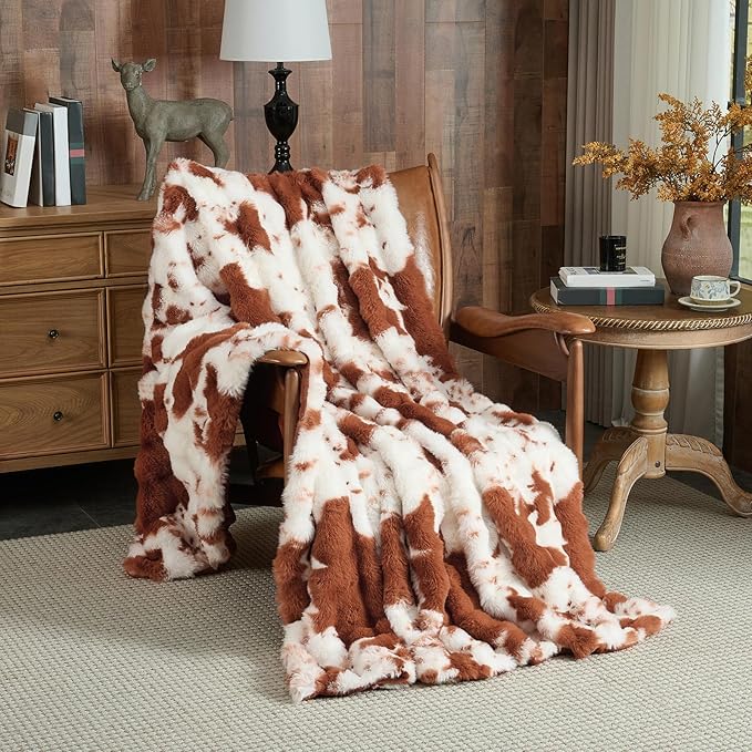 Lotus Karen Faux Fur Throw Blanket Cow Print-Light Brown, Fluffy Fuzzy Plush Bubble Blanket for Couch, 60x50 Inches Cozy Shaggy Rabbit Blanket, Luxury Decorative Gifts for Sofa Bedroom Living Room.