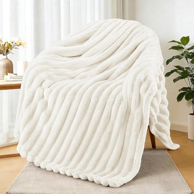 Exclusivo Mezcla Fleece Throw Blanket for Couch, Super Soft Striped Jacquard Bed Blanket, Lightweight Fuzzy Cozy for All Seasons, 50x60 Inches, Ivory