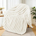 Exclusivo Mezcla Fleece Throw Blanket for Couch, Super Soft Striped Jacquard Bed Blanket, Lightweight Fuzzy Cozy for All Seasons, 50x60 Inches, Ivory