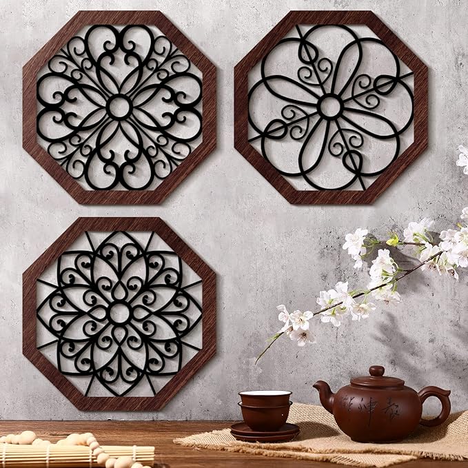 4 Pieces Thicken Rustic Wood Wall Decor Modern Farmhouse Wall Art Decor Wooden Hollow Carved Design Rustic Art for Living Room Bedroom Office Kitchen (Classic Style)