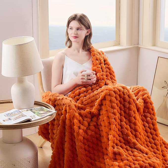 NEWCOSPLAY Super Soft Fall Queen Blanket Orange Premium Silky Flannel Fleece 3D Clouds Stylish Jacquard Lightweight Bed Blanket All Season Use 350GSM (Orange, Queen(90"x90"))