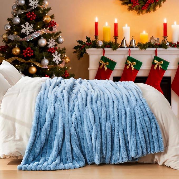 Lotus Karen Faux Fur Blanket for Bed Queen Size, Cozy Soft Fluffy Fuzzy Blue Blanket, Striped Warm Thick Furry Plush Shaggy Large Blankets for Women, 90x90
