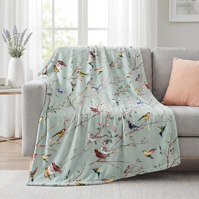 Horaldaily Spring Summer Flannel Blanket Throw, Birds Branch Green Floral Soft Fuzzy Plush Cozy Fleece Blankets for Couch Sofa Bed Lounging, Ideal Gifts for Kids Adults Self, 40x50