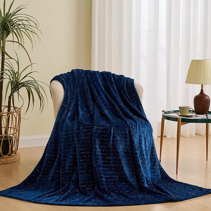 Super Soft Flannel Throw Blanket 50x60 Inches, Premium Gold Glitter Stripes Silky Fleece Lightweight Bed Blanket All Season Use, Navy Blue, 50"x60"