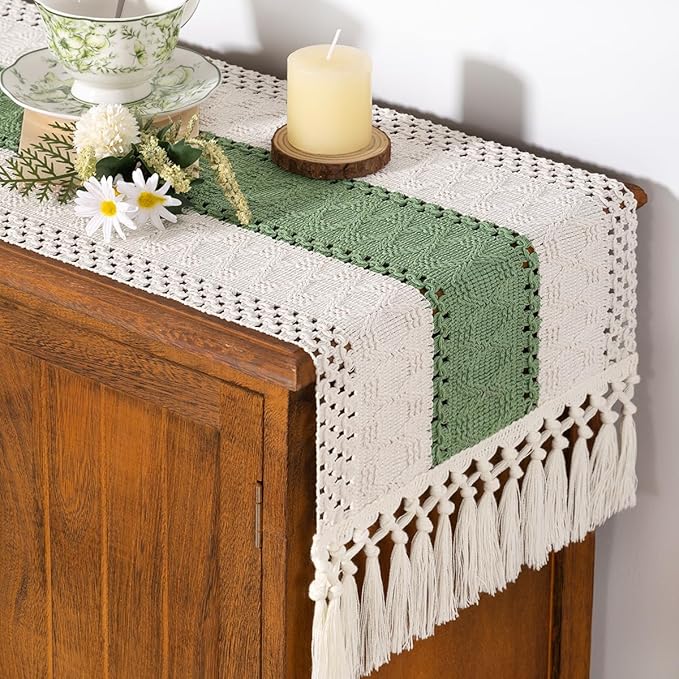 Socomi Boho Table Runner Macrame Long Easter Spring Farmhouse Woven Cotton Linen Rustic Coffee Table Runner with Tassels for Dresser Scarf Home Decor Dining Room 12x108 inch Sage Green Ivory