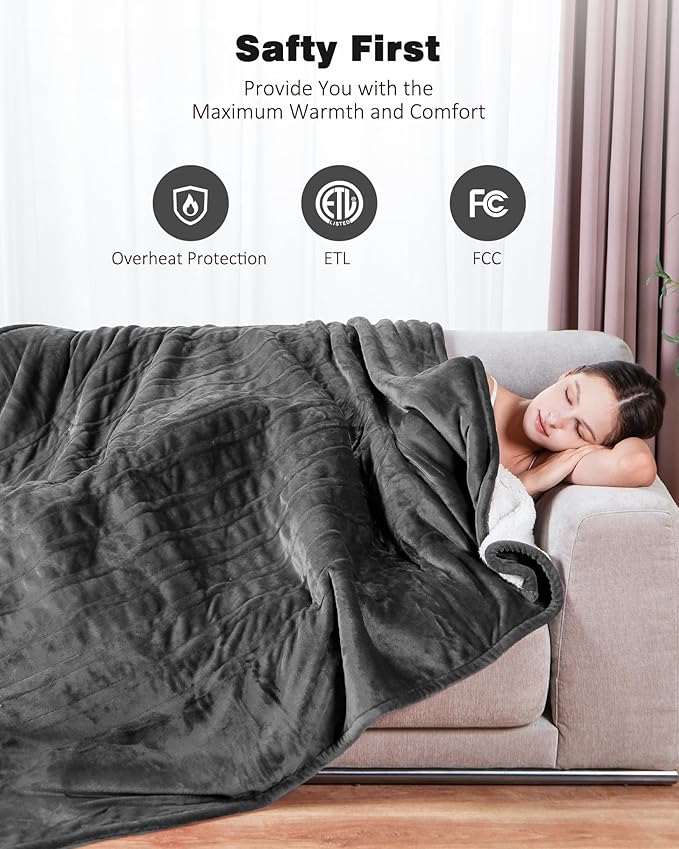Heated Blanket Throw w/ 2 Wearable Buttons, Soft Flannel & Warm Sherpa Electric Blanket Fast Heating with 9 Heat Levels, 10 Time Settings, Over-Heat Protection, ETL Certified, 50"x60", Grey