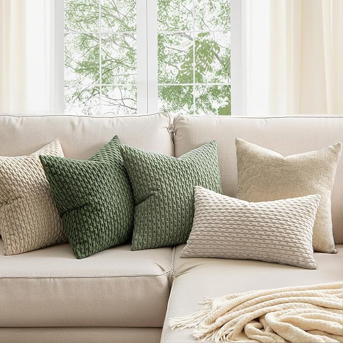 MIULEE Pack of 2 Decorative Throw Pillow Covers 20x20 Inch Soft Boho Striped Textured Corduroy Pillow Covers Spring Modern Farmhouse Home Decor for Couch Bed Sofa Living Room Sage Green