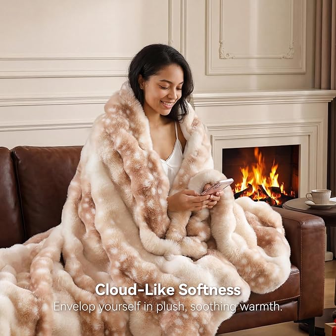 Smoofy Faux Fur Throw Blanket for Couch – Deer Brown Fluffy Cozy Rabbit Fleece, Fawn Print Plush Soft Bubble Blanket for Sofa & Bed, Gifts for Mom, Warm Fuzzy Home Room Decor Throw 60" x 80"