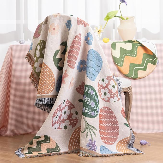 Ashler Easter Throw Blanket, Bed Tassel Blanket with Egg Bag, Soft Breathable Blankets with Easter Atmosphere Egg Pattern for Couch Sofa Living Room Bedroom Spring Decor, Beige, 50 x 60 Inches