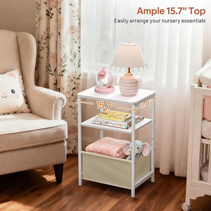 MISSLO Nursery Side Table for Living Room with Storage Basket Small End Tables for Small Spaces Kids Nightstand with Large Tabletop White Bedside Table Toddler Night Stand for Bedroom, Sofa, Dorm