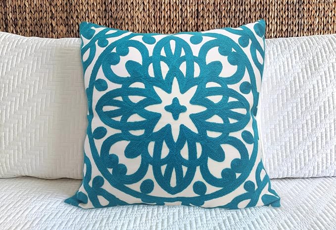 Alysheer Embroidered Decorative Throw Pillow Covers 18"x18" Set of 2 Pieces, Boho Classic Mandala Knit Pattern, Durable 100% Cotton Canvas Cushion Cases for Sofa Couch Living Room Gifts (Teal Blue)