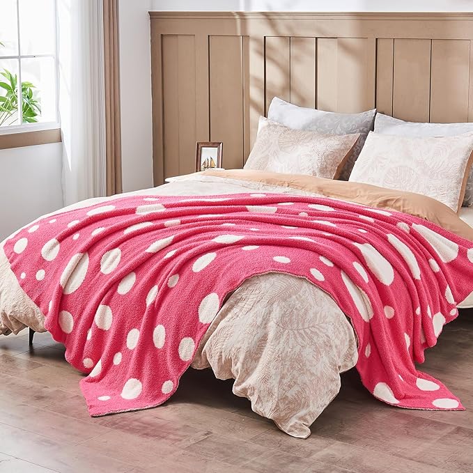 CozeCube Super Soft Fullfy Microfiber Reversible Knitted Blankets, Warm Cozy Fuzzy Plush Throw, Hot Pink and White Polka Dot Throw Blanket for Couch Bed Sofa, 60" x 80"
