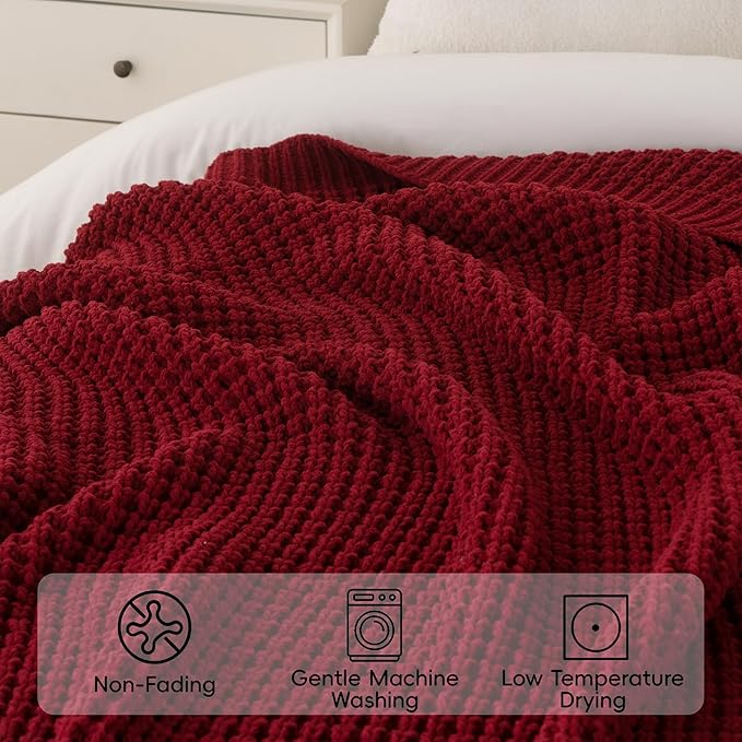 Bunnikins & Clover Christmas Throw Blanket for Couch, Knitted Waffle Throw Blanket, Red Blanket Throw for Women Mothers Birthday Gifts, 50"x60"