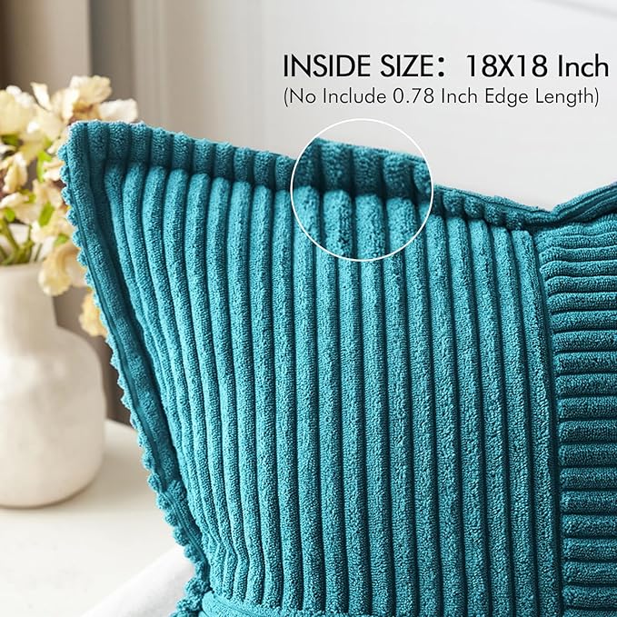 MIULEE Decorative Throw Pillow Covers for Couch Bed Livingroom 18x18 Inch Set of 2 Teal Blue Boho Accent Throw Pllows Broadside Striped Patchwork Soft Corduroy Summer Coastal Pillowcases