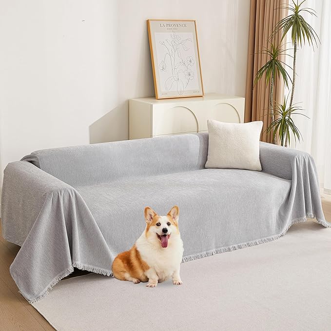 MYSKY HOME Sofa Cover for Dogs, Washable, Boho, Thick & Durable Sectional Couch Covers, Furniture Protector, 71"x 150", Light Gery