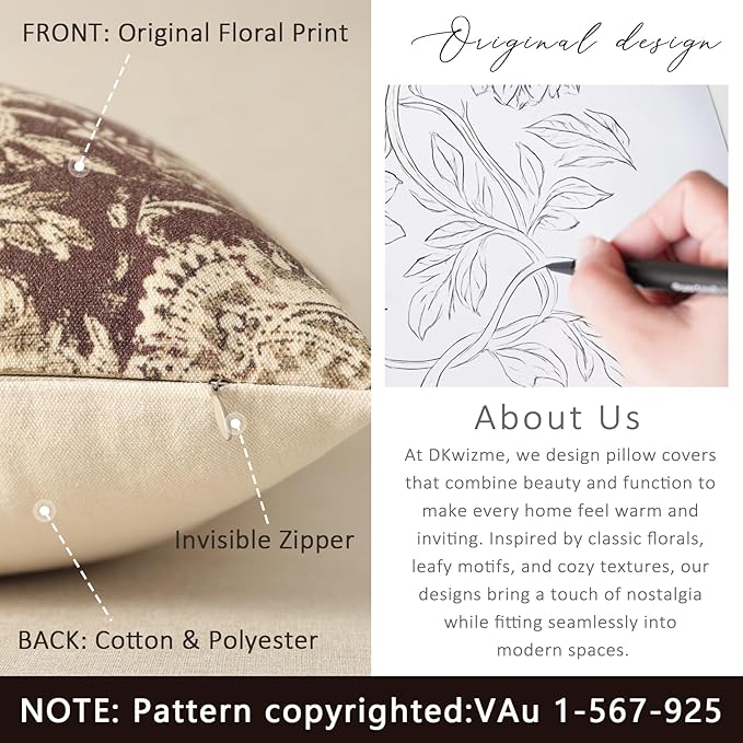 Vintage Floral Print Throw Pillow Covers 22x22 Set of 2 Neutral Modern Farmhouse Accent Decorative Cushion Covers Boho Home Decor for Couch Sofa Chair Bed Living Room, Oxblood