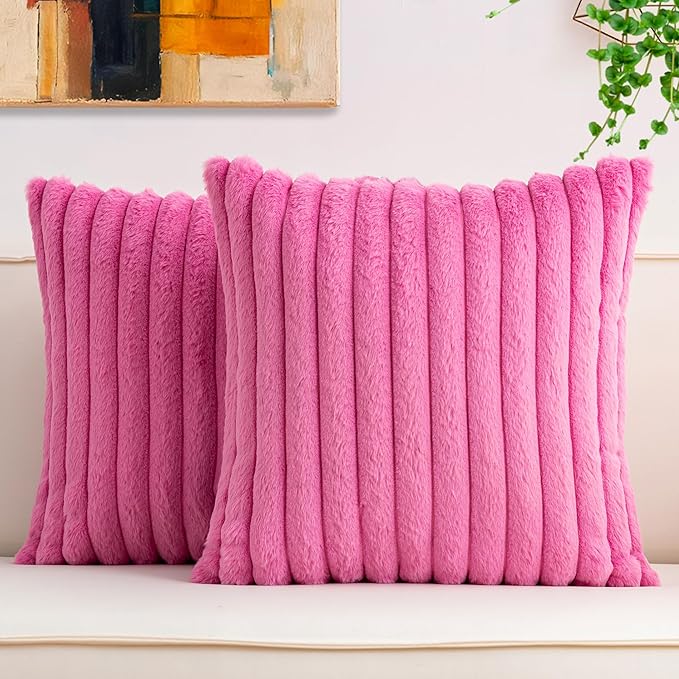 Aegero Pack of 2 Faux Fur Fall Throw Pillow Covers 24x24 Inch, Soft Plush Striped Neutral Couch Pillow Cover, with Velvet Back Modern Home Decor for Sofa Living Room Couch Bed Hot Pink