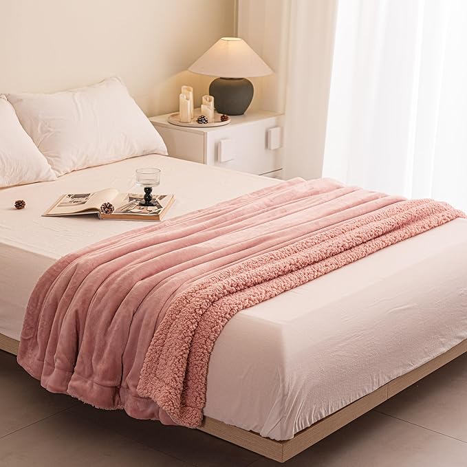 K.Garden Sherpa Throw Blanket for Couch Sofa, Super Soft Cozy Fuzzy Plush Blankets Fleece Thick Warm Blanket for Winter Reversible Thick Warm Blanket for Bed, Sofa, Pink Solid 60 * 80inch
