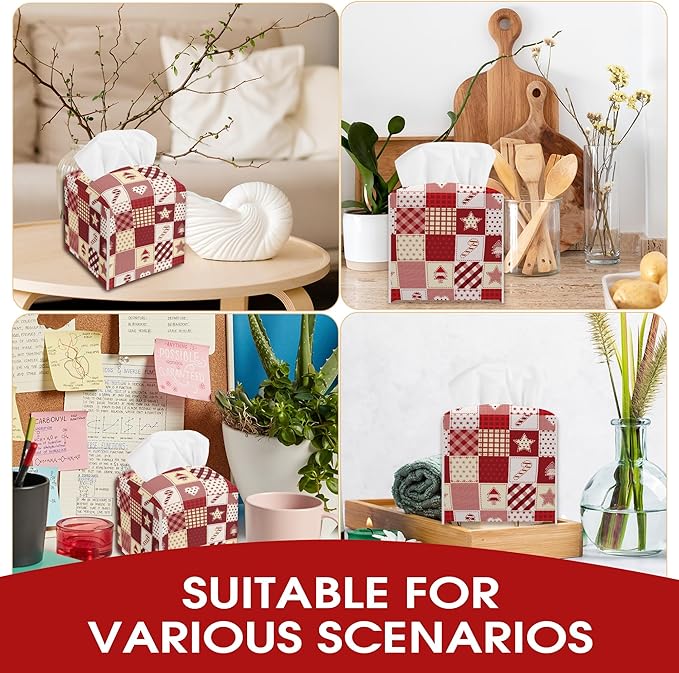 Christmas Patchwork Print Design Tissue Box Cover Holder, Cute Waterproof Tissue Box Cover Square, Xmas Gift Ideas for Family Friends, Bathroom Kitchen Car Office Home Decor(5.2 Inches)-B19