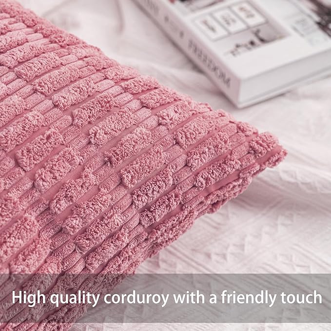 Aegero Pack of 2 Corduroy Decorative Throw Pillow Covers 18x18 Inch Soft Striped Pillow Covers Modern Farmhouse Home Decor for Sofa Living Room Couch Bed（Peach Pink）