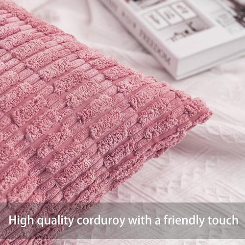 Aegero Pack of 2 Corduroy Decorative Throw Pillow Covers 24x24 Inch Soft Striped Pillow Covers Modern Farmhouse Home Decor for Sofa Living Room Couch Bed（Pink）