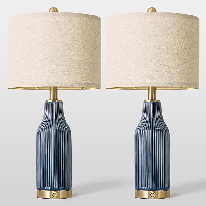 24.5" Modern 3-Way Dimmable Touch Control with 5FT Cord & USB A+C Ceramic Lamps Set of 2 Table Lamp for Living Room Bedroom Farmhouse Nightstand Bedside Blue