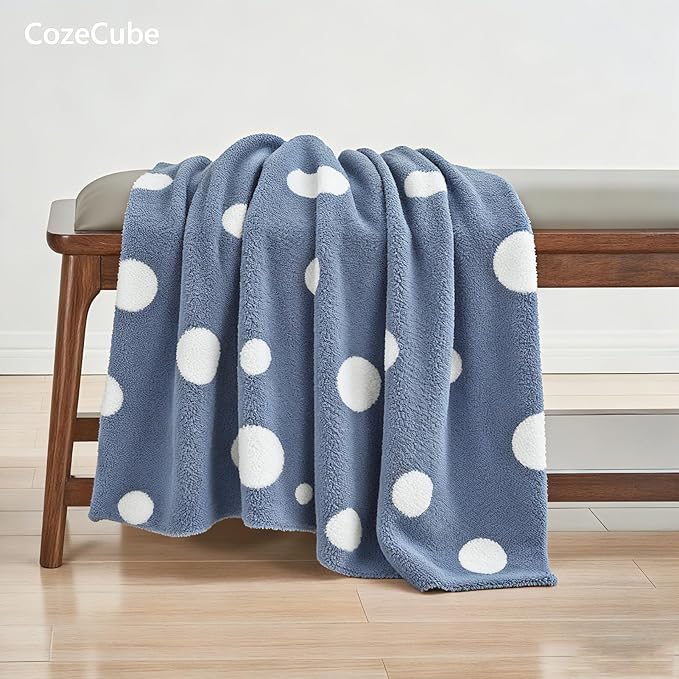 CozeCube Super Soft Fullfy Microfiber Reversible Knitted Blankets, Warm Cozy Fuzzy Plush Throw, Dusty Blue and White Polka Dot Throw Blanket for Couch Bed Sofa, 50" x 60"