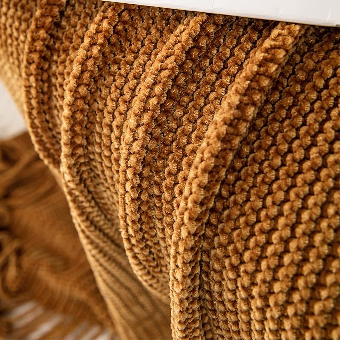 lifein Throw Blanket for Couch, Soft Boho Decor Bed Throw,Cozy Brown Knitted Chenille Small Knit Farmhouse Lightweight Throw (Golden Brown,50 * 60")