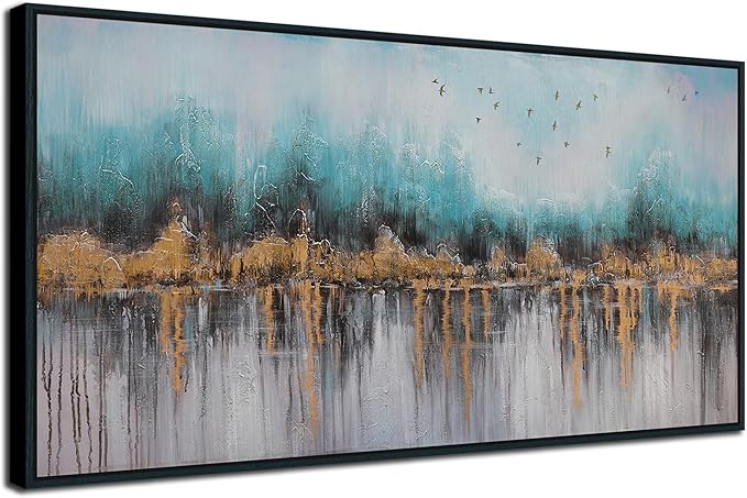 Ardemy Teal Abstract Canvas Wall Art for Living Room, Bedroom Wall Decor above Bed, Textured Picture Artwork Painting Wall Art for Men Home Office, Black Framed Large 48"x24"