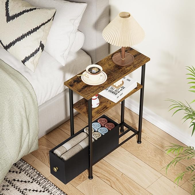 Narrow Small Side Table, End Table with 1 Fabric Drawer and Storage Shelf, 3-Tier Skinny Nightstand, Slim Bedside Table for Living Room, Bedroom, Rustic Brown