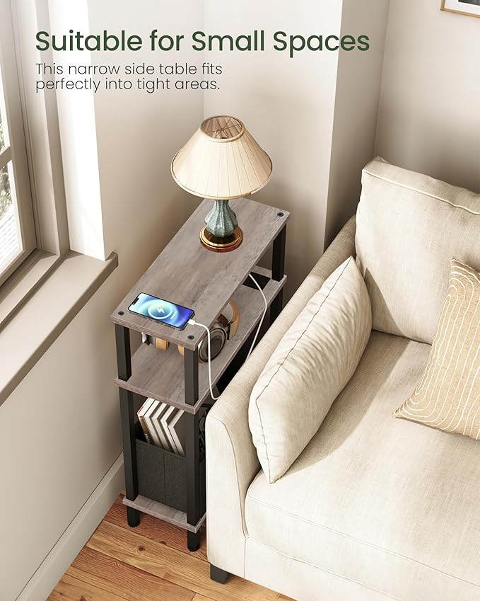 Small Narrow Side Table with Charging Station, Skinny End Table with Fabric Basket, Slim Nightstand for Small Spaces, Sofa Side Table, for Living Room, Bedroom, Greige and Black TBZ07UFH