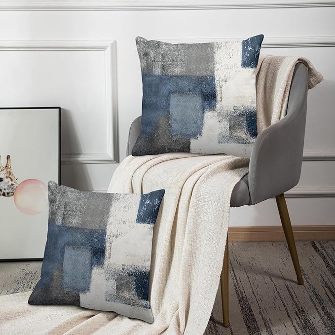 Britimes Throw Pillow Covers Modern Home Art Decor, 16 x 16 Inches Set of 2 Pillow Cases Decorative, Abstract Oil Painting Pillowcases for Bedroom, Living Room, Cushion Couch Sofa, Blue White