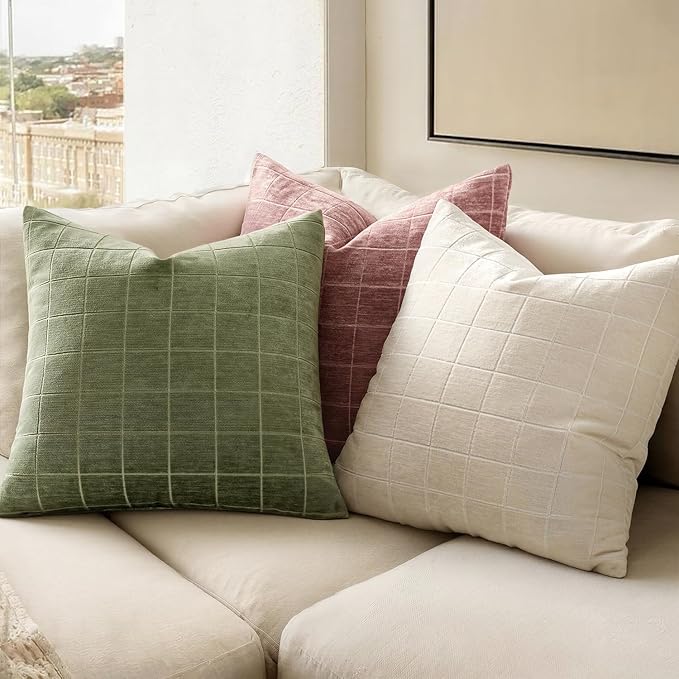 MIULEE Decorative Chenille Check Throw Pillow Covers Vintage Plaid Couch Pillows 18x18 Inch Set of 2 Neutral Boho Farmhouse Cushion Covers Modern Spring Decor for Sofa Bed Living Room Sage Green