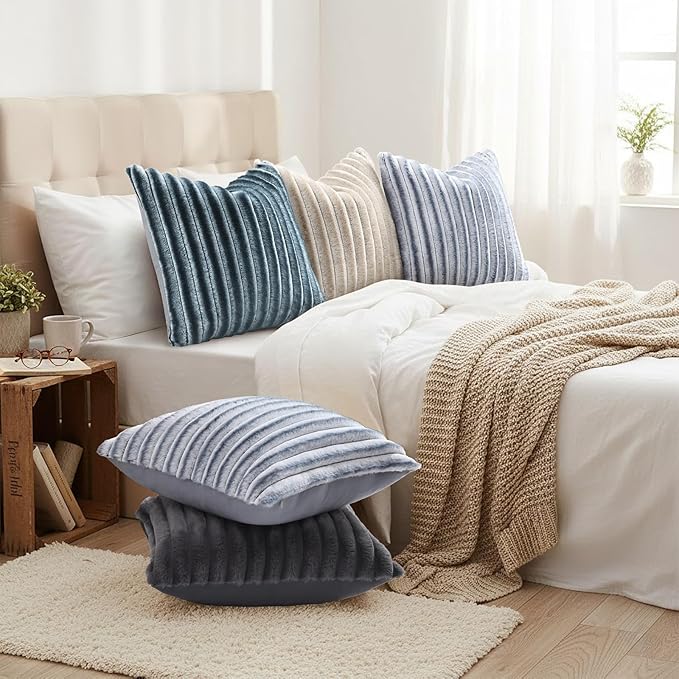 decorUhome Cozy Faux Fur Throw Pillow Covers 20x20 Set of 2 Decorative Soft Plush Striped Modern Farmhouse Boho Couch Pillow Cases with Velvet Back for Sofa Bed Living Room, Dark Grey