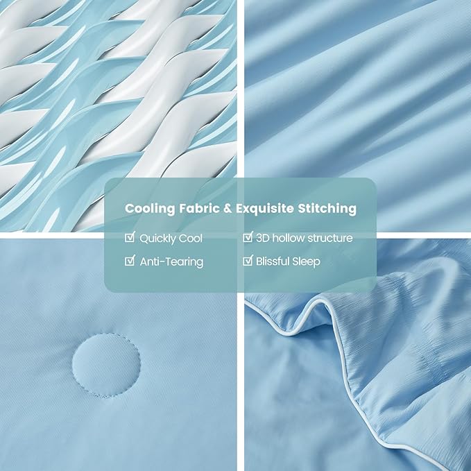 Cozy Bliss Seersucker Cooling Comforter Twin Size, Q-Max 0.45 Reversible Lightweight Cooling Blanket, Breathable Silk Smooth Summer Bedding Quilt for Hot Sleepers Night Sweats Cold Blue