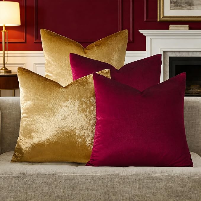 GIGIZAZA Burgundy Gold Pillow Covers: Decorative 18x18 Super Soft Throw Pillows Square Covers Pack of 4 - Velvet Elegant Solid Couch Cushion Covers for Living Room,Bedroom,Sofa,Christmas