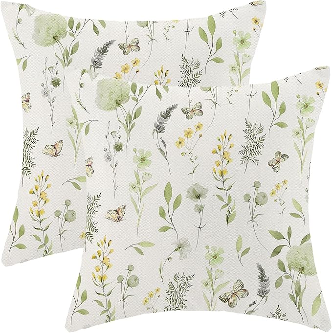 AEIOAE Spring Pillow Covers 16x16 Inch Set of 2, Sage Green Yellow Wild Flower Throw Pillows Case,Colorful Seasonal Floral Plant Outdoor Decorative Farmhouse Decor Cushion Covers for Sofa Bed Couch