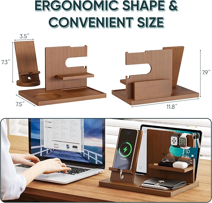 Valentine's Day Gifts for Men Wood Phone Docking Station with Separate Phone Stand, Bedside Desk Organiser with Phone and Key Holder Anniversary Birthday Presents for Dad Husband Boyfriend Son Brown