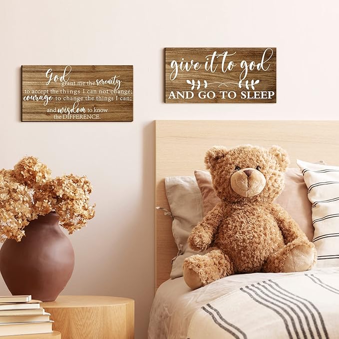 Chunful 2 Pcs Give It to God and Go to Sleep Sign Above Bed Wall Decor Serenity Prayer Sign Prayer Wall Art Rustic Farmhouse Vintage Bedroom Decor for Home(Vintage Style)