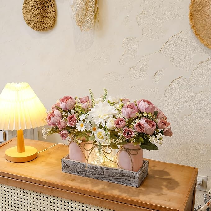 LUEUR Artificial Spring Rose Flowers in Mason Jars with Rustic Wood Tray, 3PCS Set – Pink Floral Centerpiece Table Decorations for Coffee Table, Dining Room, Kitchen & Farmhouse Home Decor