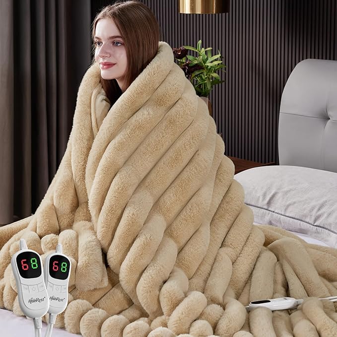Heated Blanket King Size, Faux Fur Cozy Heating Blanket with Overheat Protection, 1/2/4/6/8 Hours Auto-Off 10 Heat Level, Machine Washable (90x100 Inches, Beige)