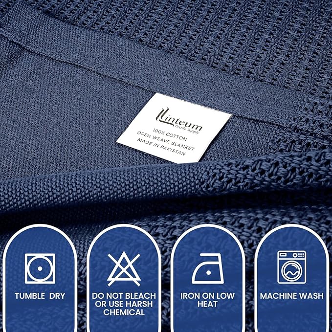 Linteum Textile Supply Leno Weave Navy Blue Blanket, Twin 100% Cotton, Lightweight, Warm, Fluffy, Premium and Durable Soft & Cozy Bed Blanket for Home, Couch, Sofa & Dorm, All Season Throw [66x90]