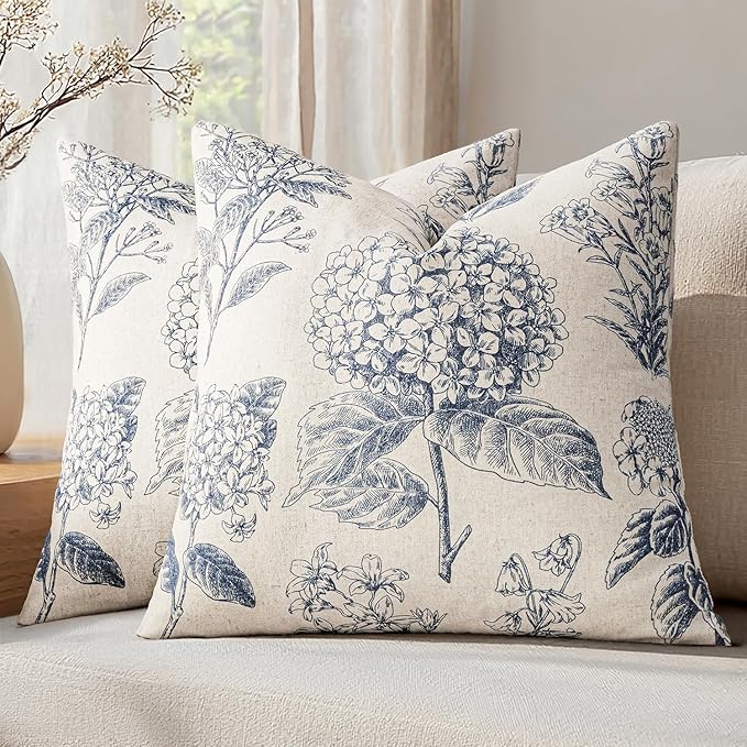 Set of 2 Decorative Floral Euro Sham Pillow Covers 24x24 Inch Light Blue Hydrangea Print Spring Boho Vintage Throw Cushion Covers for Sofa Couch Porch Bedroom Living Room Summer Home Decor