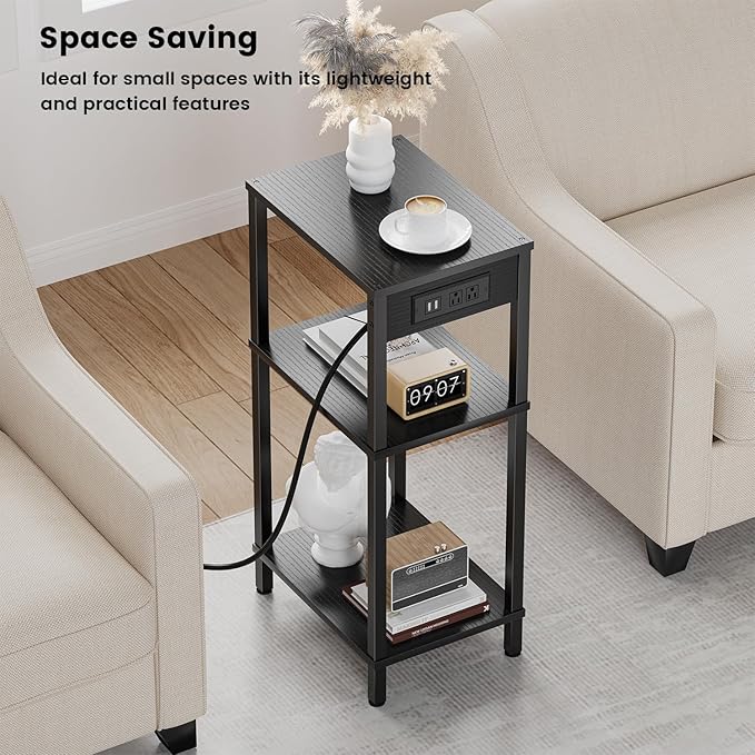 Tall End Table with Charging Station, 3 Tier Black Side Table with Storage, Small Nightstand with Outlets for Bedroom, Living Room, Office