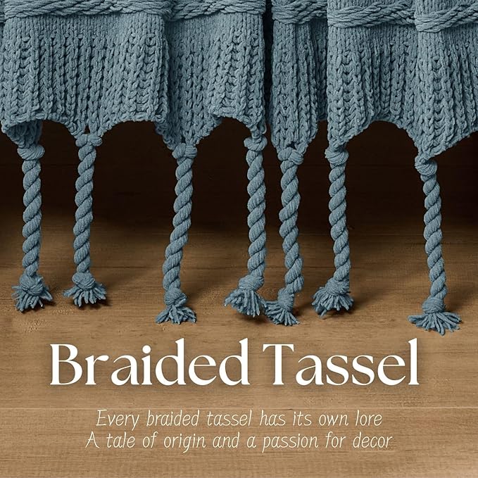 Boho Knitted Chenille Blanket with Tassels - Lightweight & Soft All-Season Throw - 3D Classic Pattern for Living Room Bedroom Couch, Celestial Blue, King 90"x108"