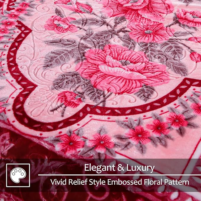 JYK Soft Fleece Bed Blanket King Size A&B Pattern Rose/Rose - 520GSM Fuzzy Cozy Luxury Warm Blanket Microfiber, 2 Ply Reversible Room Home Decor Christmas Decorations, 83" x 91 inches, 5.7 LB